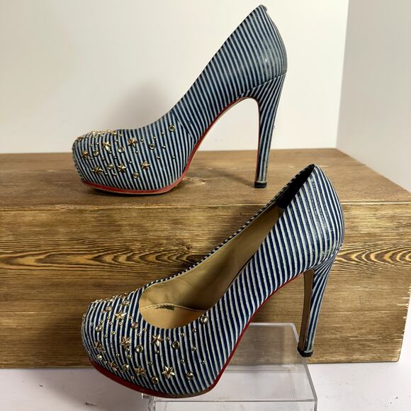 Gianni Bini Chunky Platform Ultra High Heels SZ 7 Nautical Striped Star  Retro - Picture 3 of 10